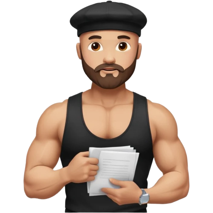 Buff bald bearded guy in black cap flexing, Instagram icon on chest, papers flying around, sparkles, minimal style emoji
