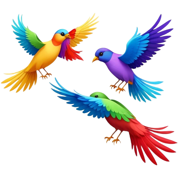 Three colorful birds flying together in the sky, each with vibrant feathers, wings spread wide, moving in harmony and creating a lively, joyful scene emoji