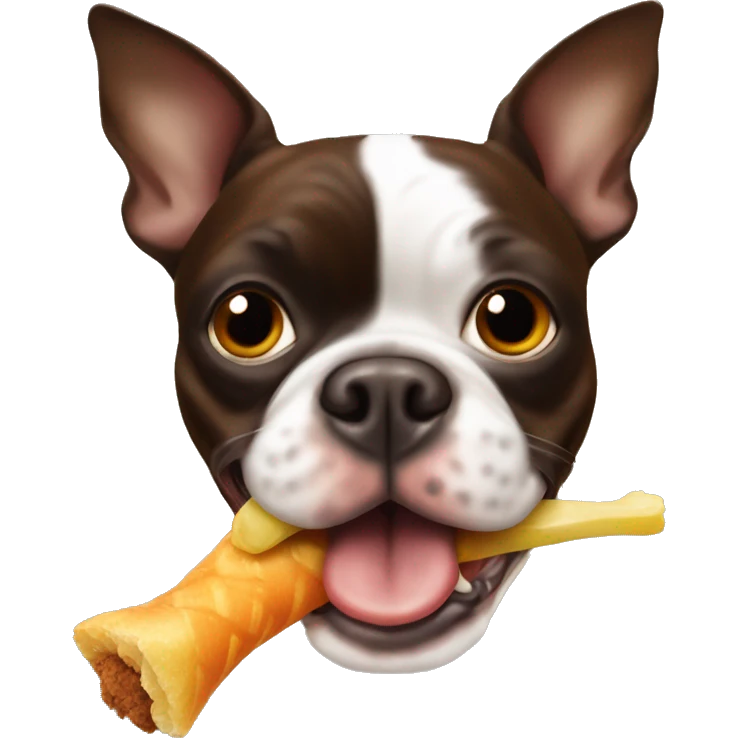 Brown Boston terrier with rubber chicken in mouth emoji