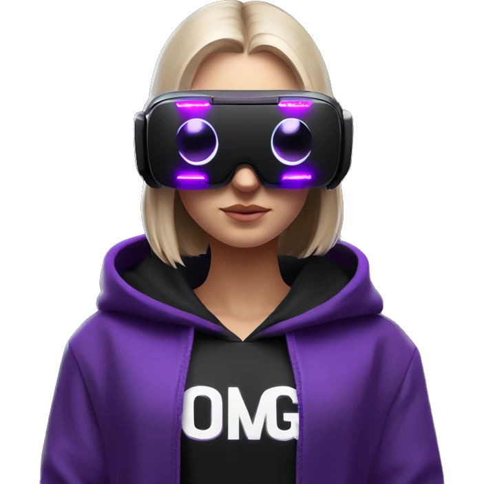 Russian girl wearing black hoody with violet letters "OMG", in vr headset oculus quest2. Standing like jedi. Cyberpunk style. Violet neon. emoji