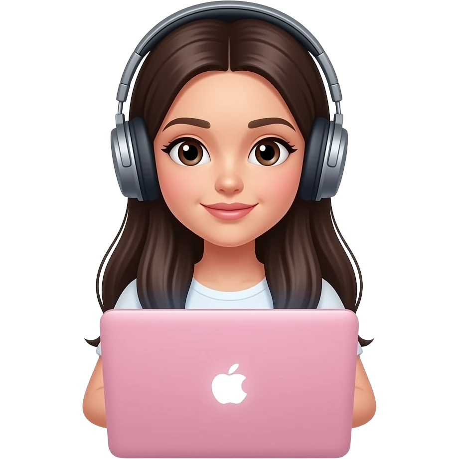 A pink pastel laptop with a beautiful girl in headphones sitting behind it emoji
