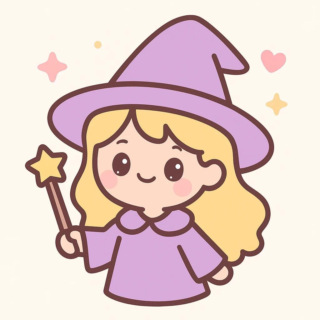 cute wizard girl with blonde hair and a purple wizard hat, charming illustration style, magical vibe, whimsical and playful expression emoji