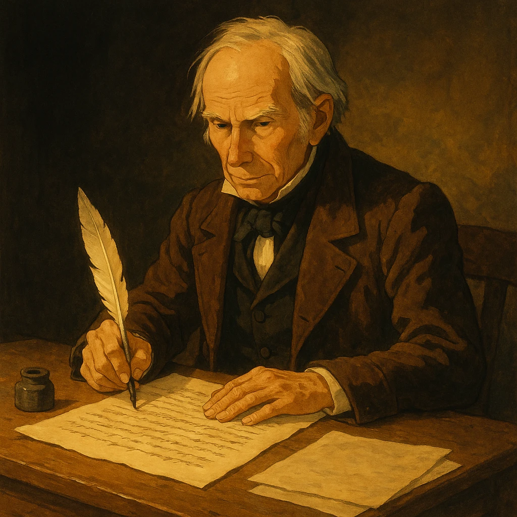 ghibli style historical painting of Henry Clay writing the Compromise of 1850 at a desk with parchment and quill, dramatic lighting emoji