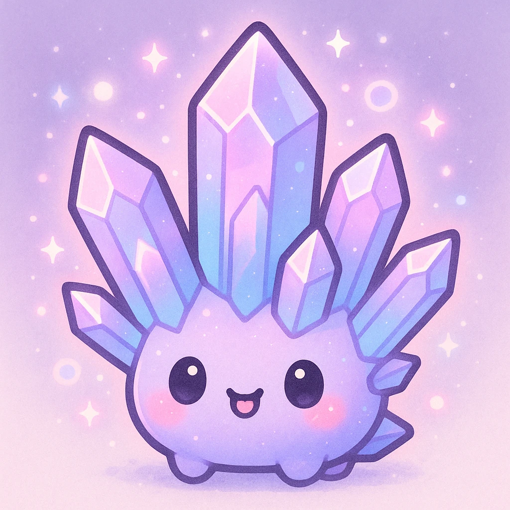 kawaii style crystal sprite creature, pastel purple and blue, pink highlights, magical aura, cute face emoji