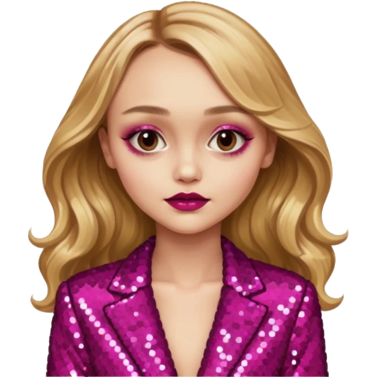 Lily-Rose Depp with long golden blonde hair, dark pink sequin outfit, makeup emoji