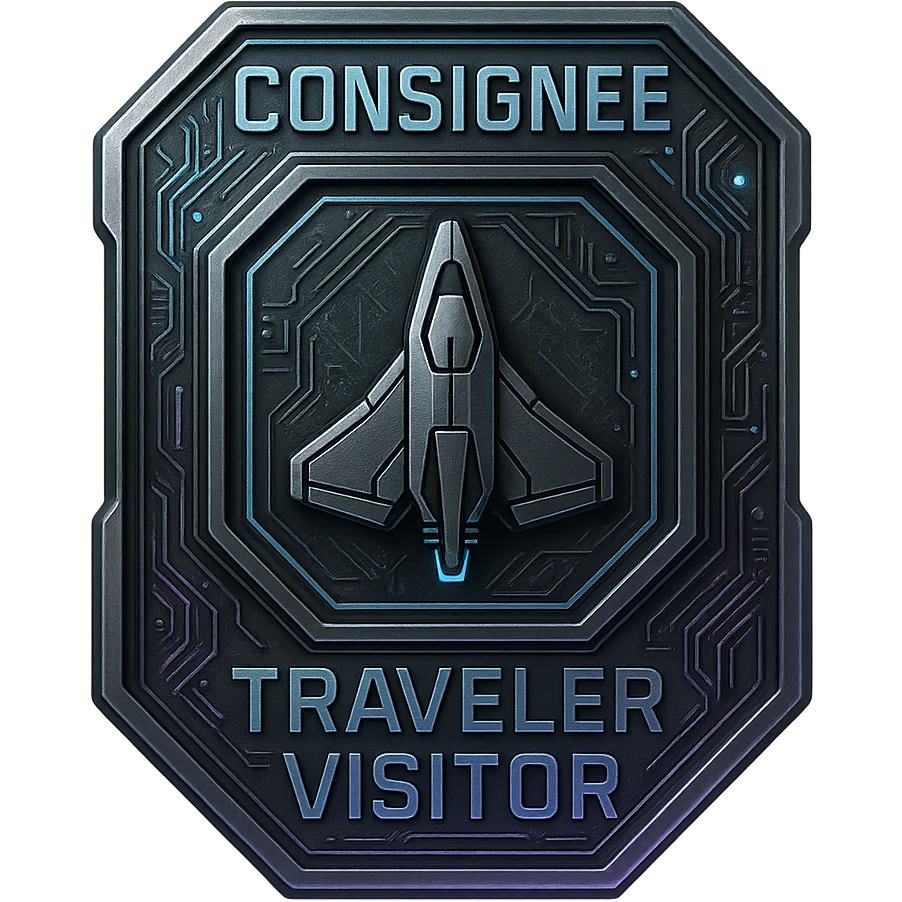 a metal insignia badge for a consignee traveler visitor, space scifi-futuristic cyberpunk futurepunk emoji