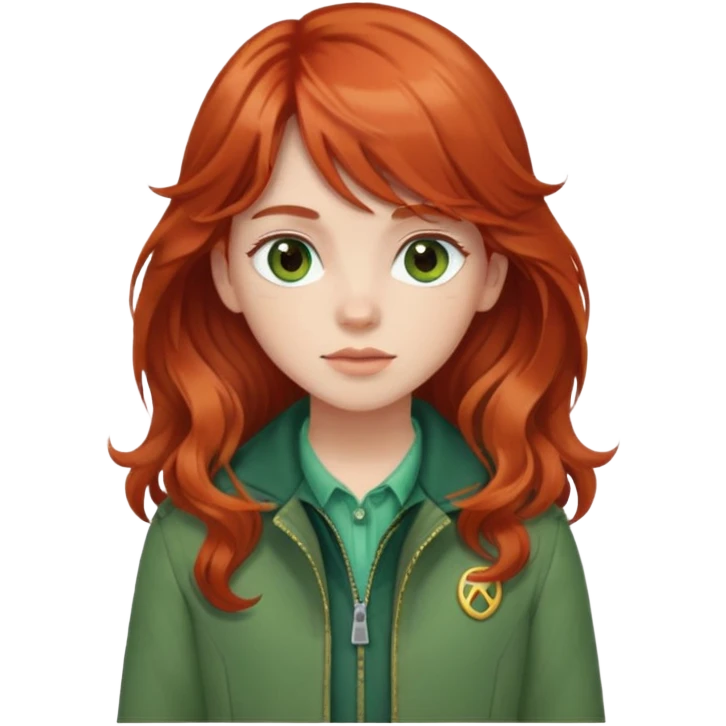 White red-haired girl with wavy long hair, brown eyes, and bangs and a green jacket emoji