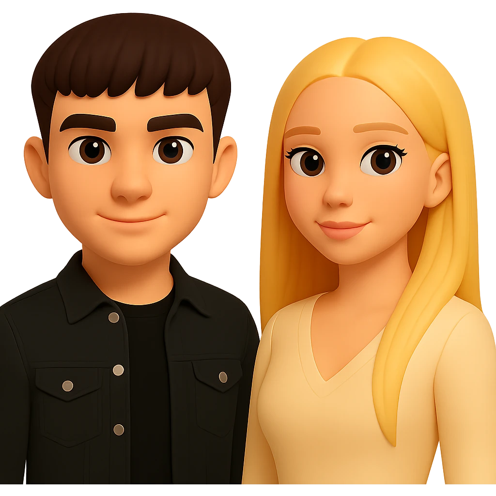 Slightly increase the volume of the upper body of the girl, spread them far apart from each other, make the skin color the same for both characters, keep the cartoon style, and keep the background transparent. The original style is cartoonish, so maintain a cartoonish look in the general editor. emoji