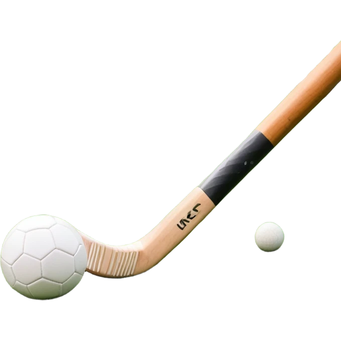A field hockey stick and ball resting on a well-maintained green grass field, with the goalposts and markings visible in the background. The scene highlights the precision and focus of the grass facture, with the vibrant green pitch creating a dynamic atmosphere. emoji