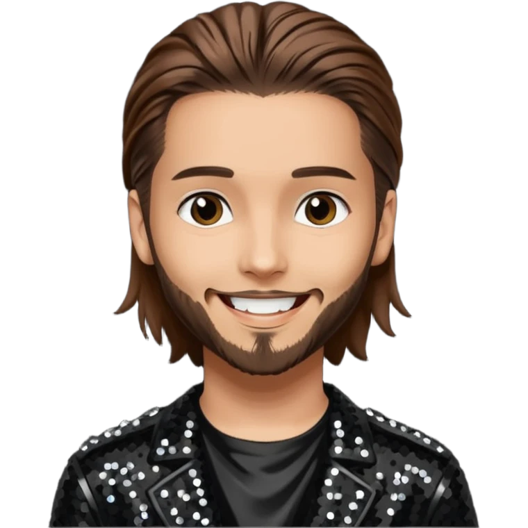 Tom Kaulitz from Tokio Hotel with long brown hair, black sequin outfit  emoji