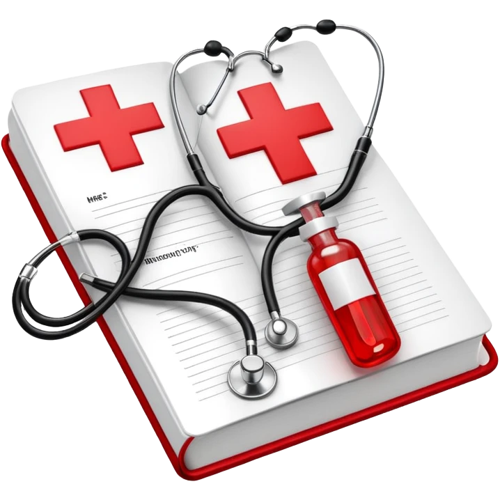 An icon featuring a red cross, a stethoscope, and a syringe, symbolizing medicine. The design includes a medical book, a heartbeat monitor, and a pill, representing the study and practice of healthcare, diagnostics, and treatment. Transparent background highlights the science of healing. emoji