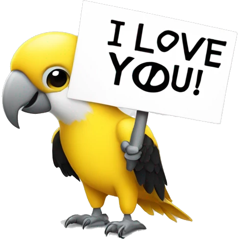 white and yellow parrot  holding a sign with the black inscription i love you emoji