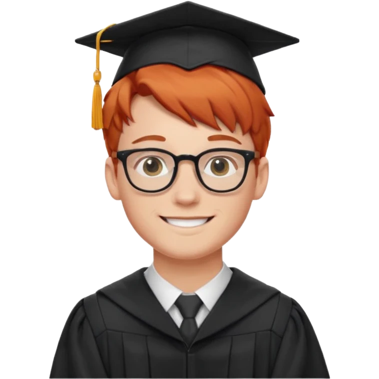 smiling red-haired white boy with glasses, graduation gown emoji