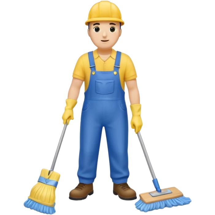 Custodian with yellow rubber gloves, blue overalls, mopping floor emoji
