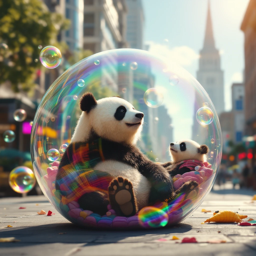 Cinematic still pandas bears sitting inside bubbles flying around San Francisco downtown, sunny summer day, happy vibe, colorfull surround, rainbow emoji