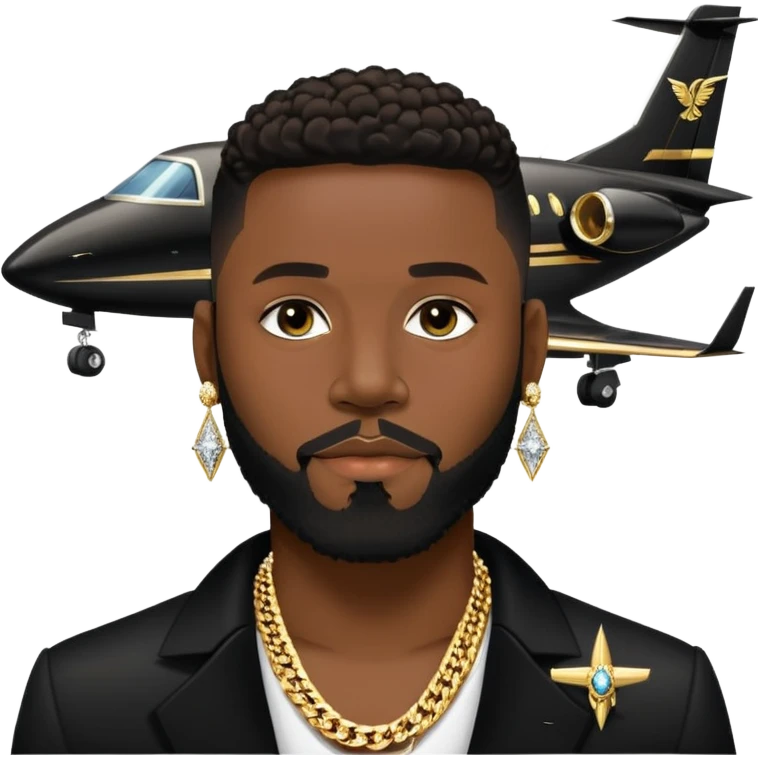 portrait of a Josh king Madrid in black with a gold private plane behind him . Wearing big sparkly diamond earrings and diamond chains on with a cigar in his mouth. Light black clean perfect lined up thin-beard . Looks unfazed cool emoji