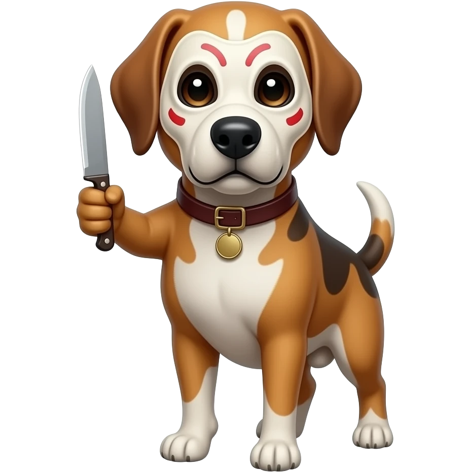 A dog wearing a murrder mask with knife emoji