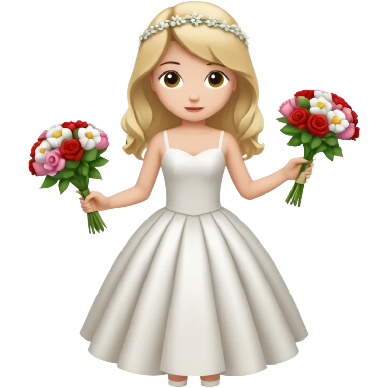 Chica blanca, cabello rubio, recogido en moño alto con mechones, vestido novia , cuerpo entero, ramo de flores en una mano, cola trasera emoji