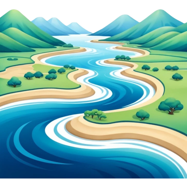 A 3D cartoon estuary where a river flows into the ocean, visible water color blend, soft natural lighting, Memoji-style. emoji