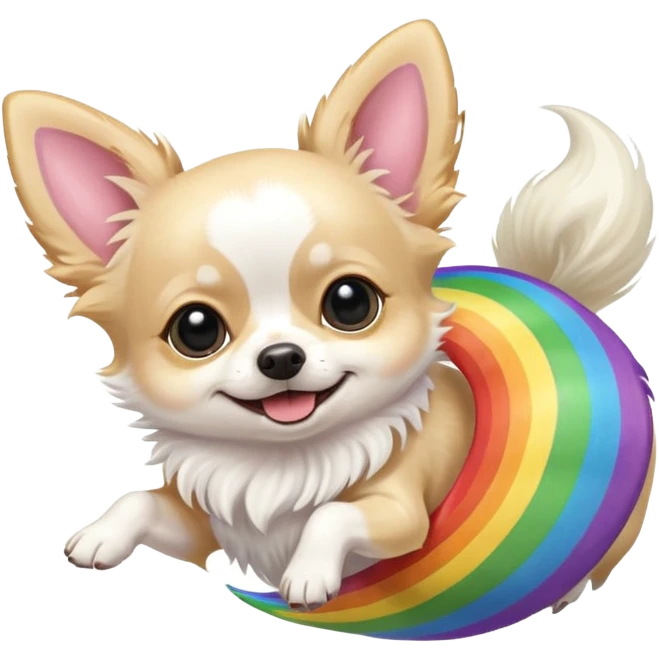 White long hair chihuahua jumping over a rainbow  emoji