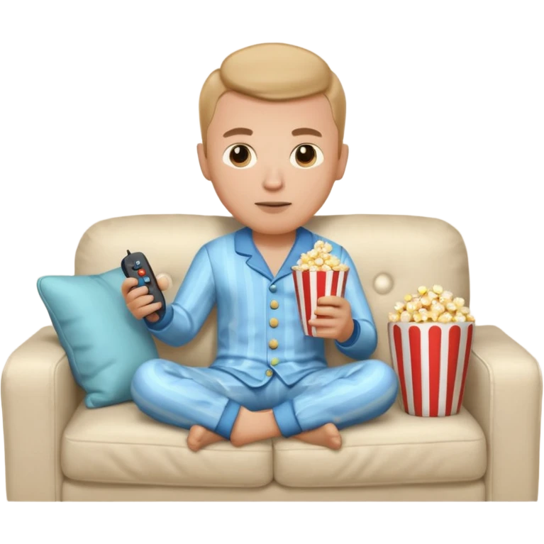 male memoji, in pajamas, sitting on couch, holding TV remote controller, relaxed face, casual home vibe, popcorn bucket on couch emoji