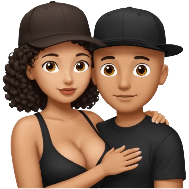 A picture of an embracing tanned couple. the man is a Mexican man with tanned skin, with a bald hair cut wearing a SnapBack hat and a black shirt. the woman has curly dark brown hair and with big naked boobs emoji