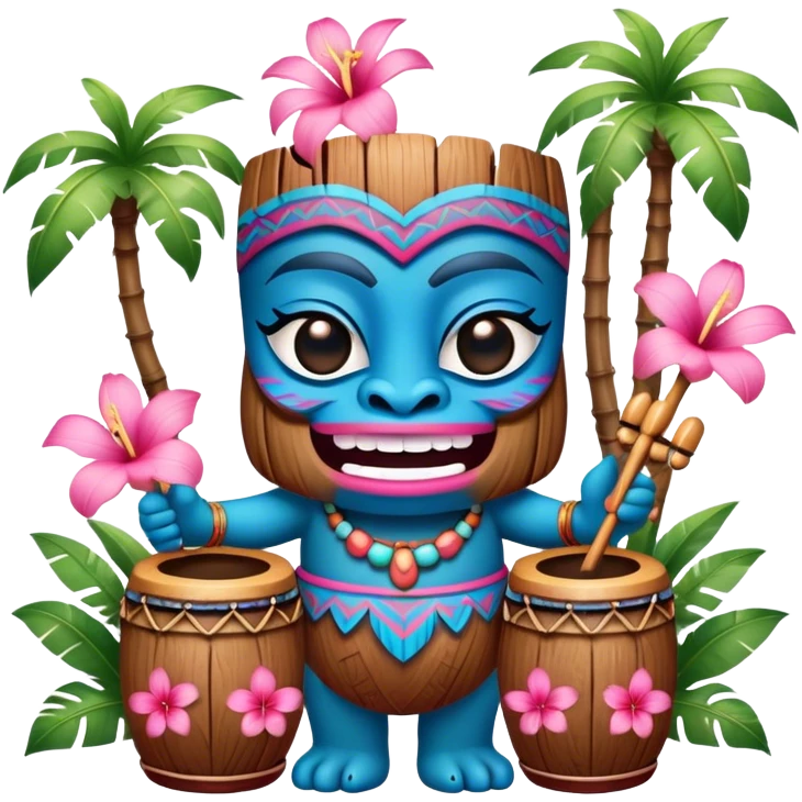 Pixar style little Blue and pink tiki singing with bongos and tropical flowers, ultra detailed and lifelike imagery, realistic emoji