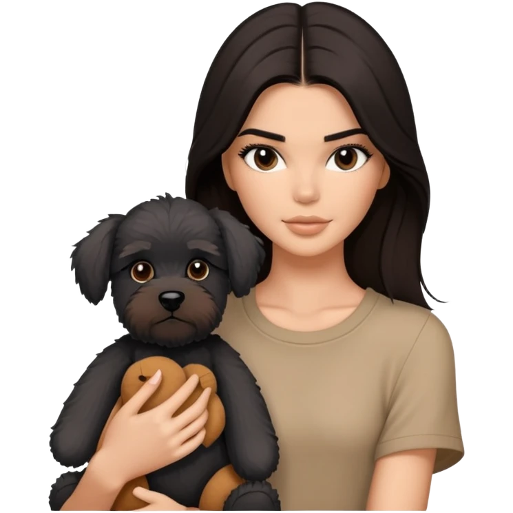 Kendall Jenner with long dark hair, holds a brown teddy bear and a black schnauzer emoji