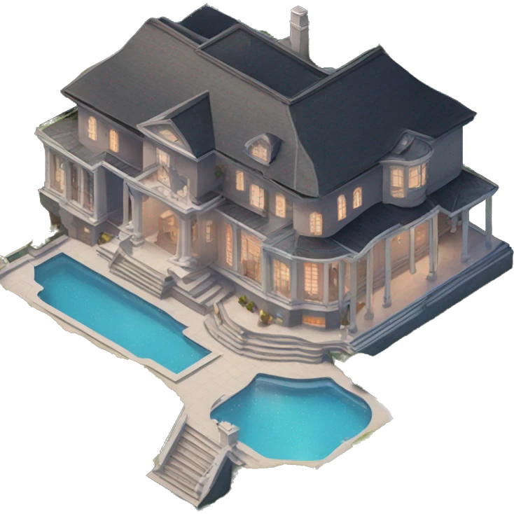 luxurious mansion viewed from above at a 45deg angle so you can see the front and side both. no pool, just a driveway, and uplit from the bottom emoji