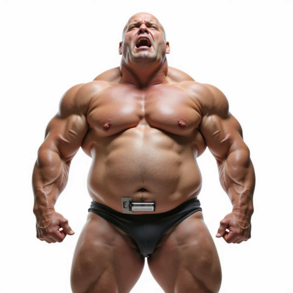 hyper realistic muscular bodybuilder with inflated muscles and worried face, low battery symbol near pelvic area, Italian caption 'Libido assente', isolated on white background emoji