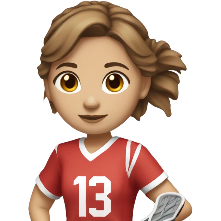 Lacrosse player girl with lacrosse stick brown hair light skin red number 13 jersey  emoji