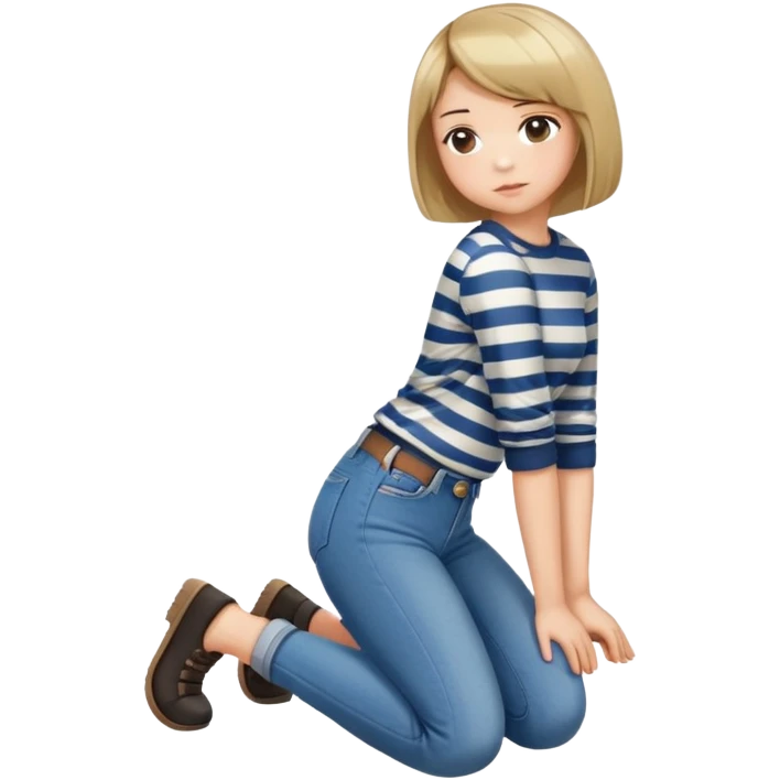 girl with short bob haircut in jeans and striped shirt kneeling on the ground seen from behind emoji