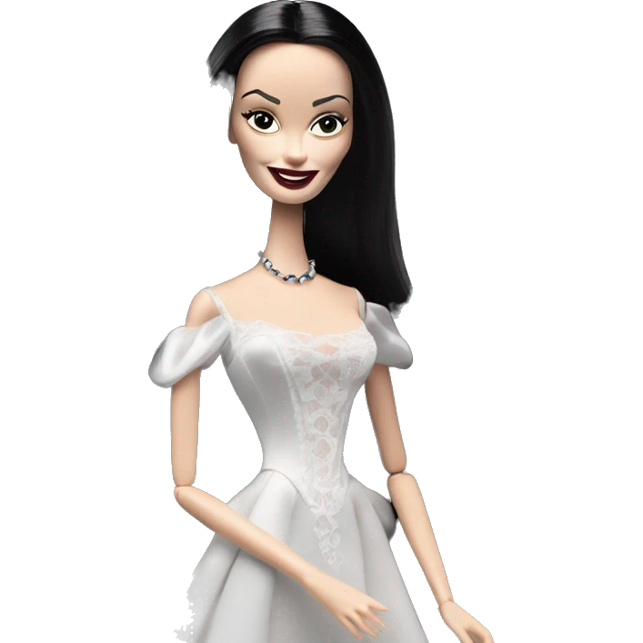 Morticia Addams Barbie at home. Smiling. Filmy nightgown . Very Pale-white porcelain skin.  emoji