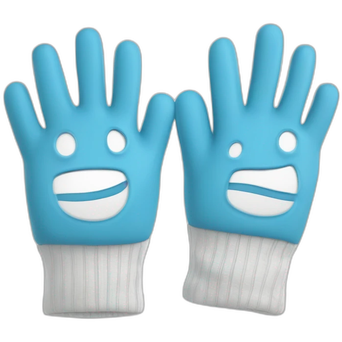 Deux gants blancs souriants, il y a dessiné une dessin mystérieux maçonnique bleu de deux équerres inversées.  emoji