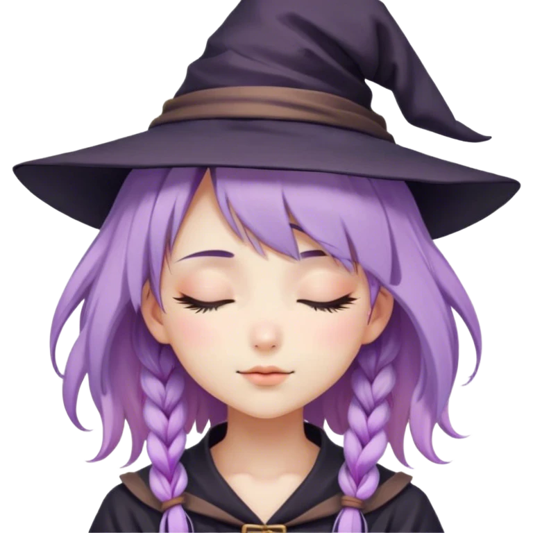 cute anime girl with closed eyes and lilac hair in a witch hat emoji