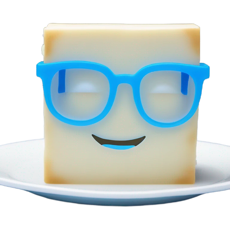 a tofu emoji with blue tinted glasses that are one color see through. put the tofu on a white plate. add a laptop in the front, screen turned towards tofu illuminating its face. emoji