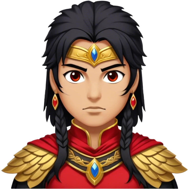 Cinematic Stunning Mulan Portrait Emoji, Fierce yet graceful, flowing raven-black hair, piercing brown eyes filled with determination, adorned in regal red and gold warrior attire, glowing with the strength and beauty of a true heroine, an elegant warrior in her prime! emoji