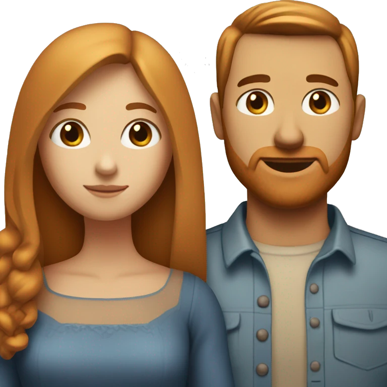 a married couple standing beside eachother, one has long straight ginger hair with bangs and blue eyes, the other person has tan skin and black hair with brown eyes emoji