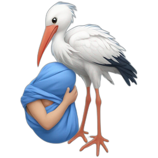 White stork carrying a blue bundle of cloth in its big beak that has a cute human person cute baby boy inside and his head is peeking from the fabric the strok is carrying in its beak emoji