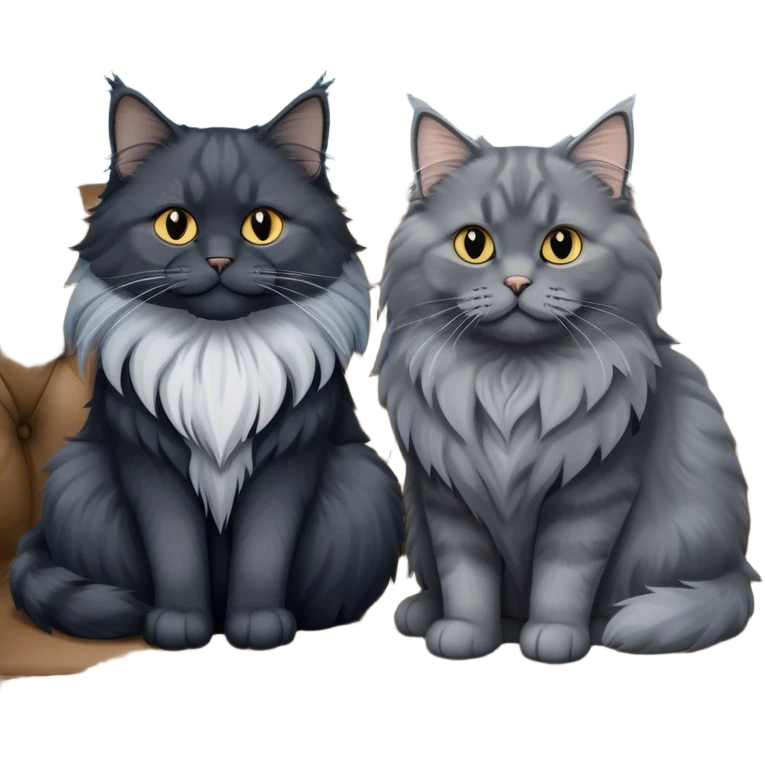 A large black smoke Maine Coon cat with long grey ear tufts and a fluffy grey ruff, sitting next to a chubby British Shorthair cat in blue color with plush fur, both sitting comfortably on a leather sofa. Beautiful room background with flowers and soft lighting. Transparent background. emoji