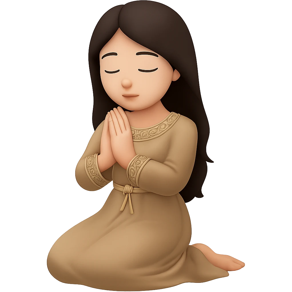 Change the dress color to tan, keep the woman kneeling and praying, long dark brown hair, emoji style, no background. The style should resemble emoji style with simple and clear features. emoji