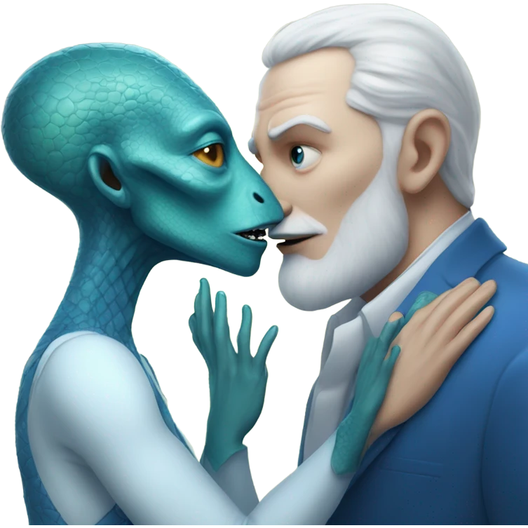 White man in blue dress hugs and kissing Alien reptilian woman in white dress  emoji