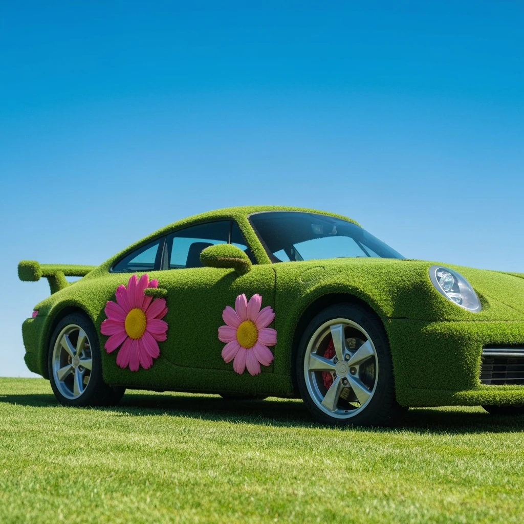 Closeup shot of a porsche 911, body of car made of grass and big colorfull flowers, green hill grass, blue clear sky, dutch angle, captured by ARRI 65 emoji