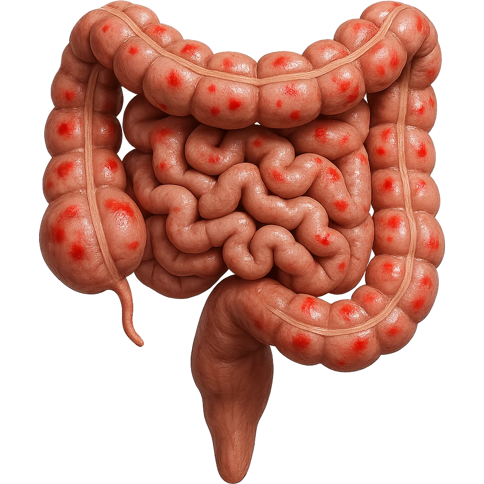 intestino umano anatomico con rossori sparsi sul colonm, iperrealistico 4k emoji