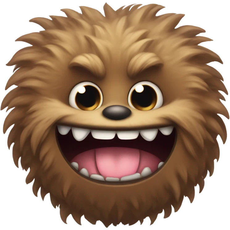 cute fluffy brown monster with round ears and a smile with 2 fangs emoji