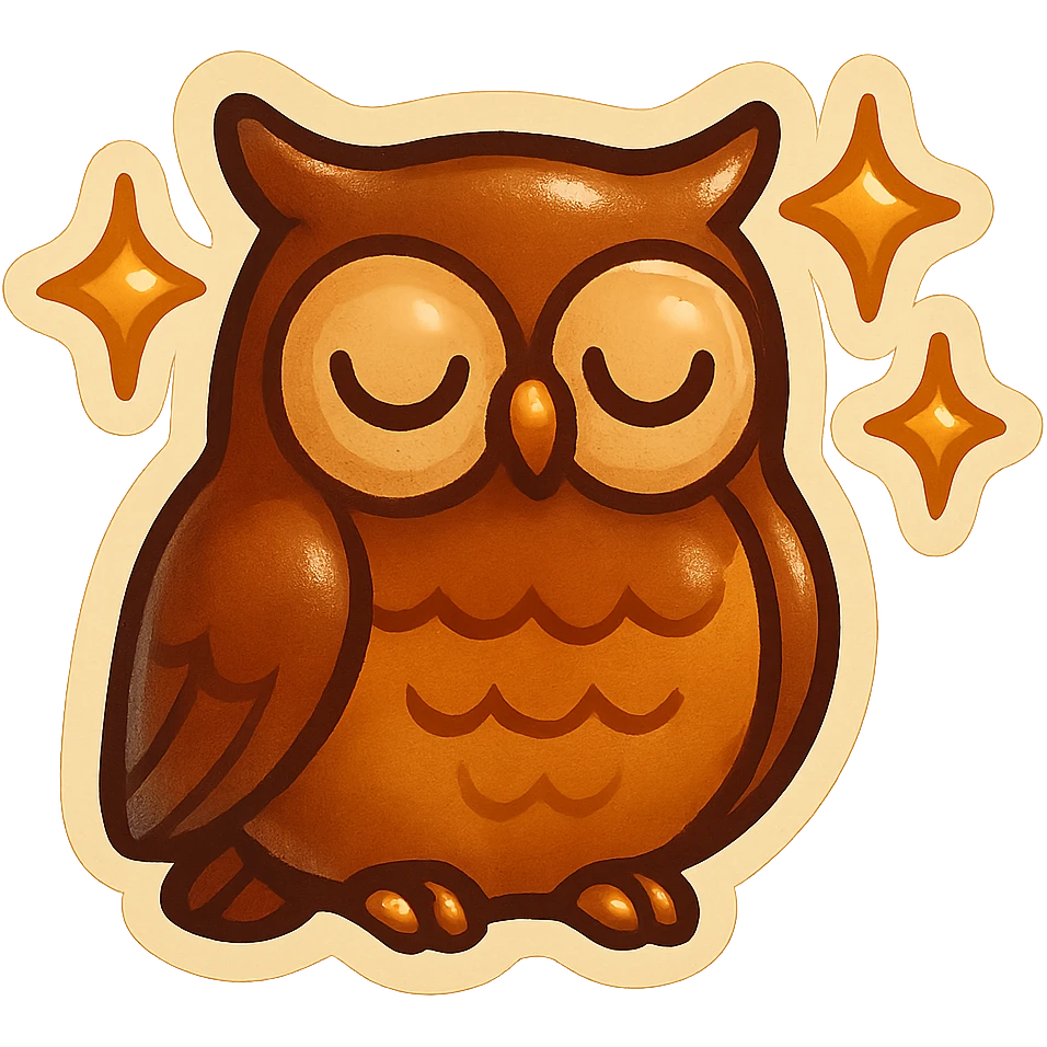animated owl blinking with stars twinkling around, retro vintage style, cozy acoustic aesthetic, warm muted colors, subtle grain, soft lines, nostalgic analog mood, smooth loop, 112x112px emoji