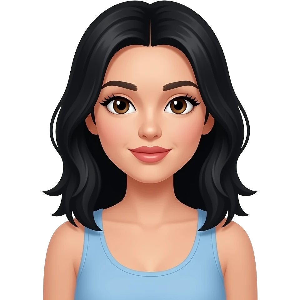 white skin tone, very beautiful woman, with big plump lips, long long lashes, black shoulder length hair, brown eyes, baby blue tank top, emoji