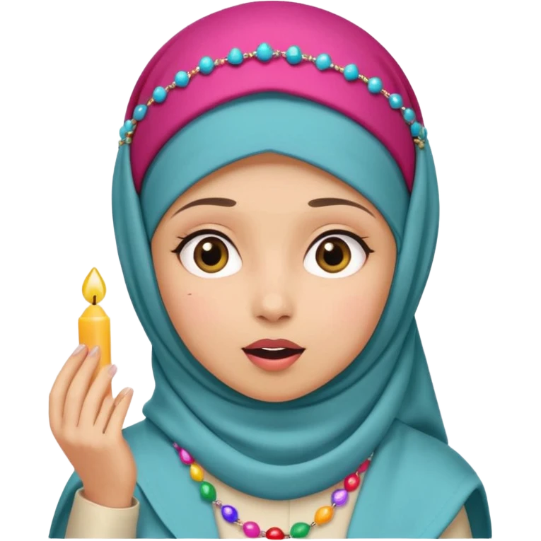 A hijab girl blushing and looking surprised with a party hat and a tasbih on her head emoji