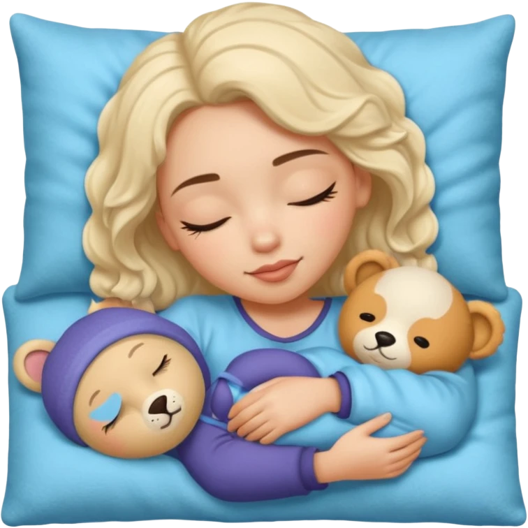 single-girl-in-Warm Cream-cozy-blue-bed-sleeping-pretty-eyelashes-light-skin-with toy emoji