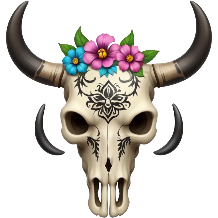 Aesthetic bull skull cranium with flowers, black painted tribal tattoo pattern markings  emoji